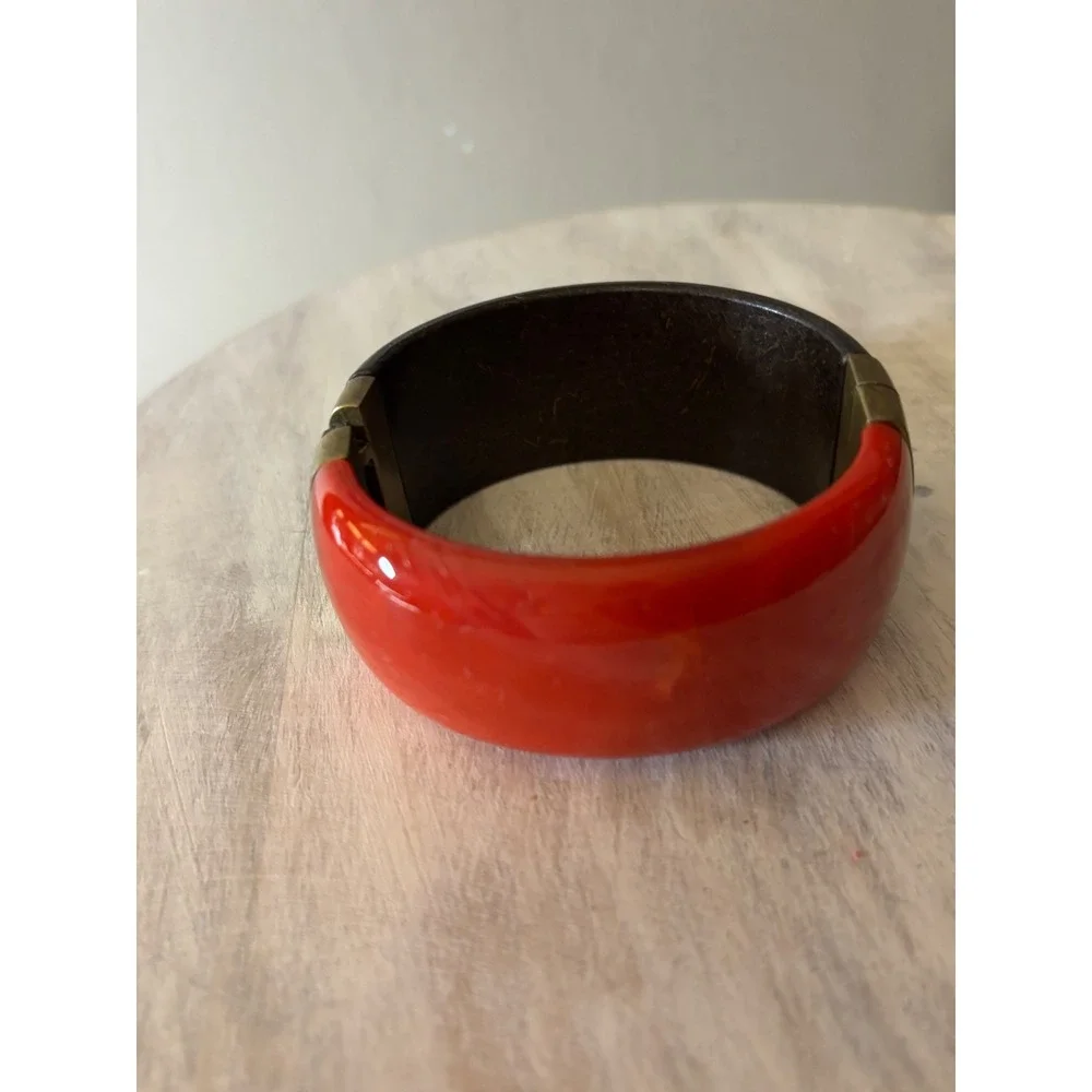 Premier Designs Red Resin and Wood Hinge Cuff Bracelet Brass Tone Chunky Bangle